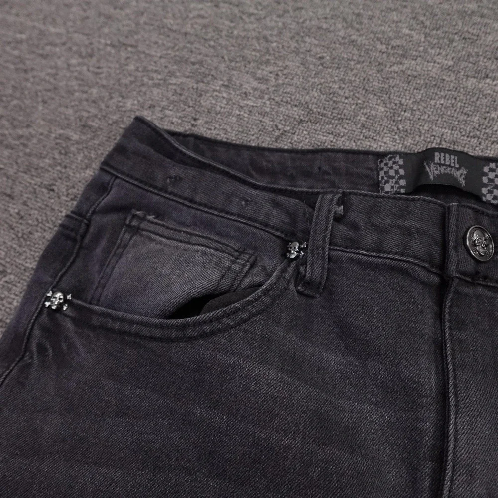 Rebel Vengeance Jeans Mens 30x32 Gray Charcoal Wash Straight Skull Denim Pants